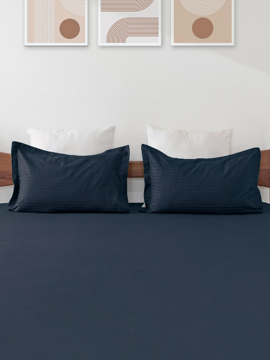HOMEMONDE Premium Navy Blue 2-Pieces Striped Cotton Satin 300 TC Pillow Covers