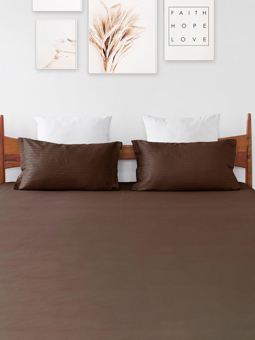 HOMEMONDE Premium Brown 2-Pieces Striped Cotton Satin 300 TC Pillow Covers