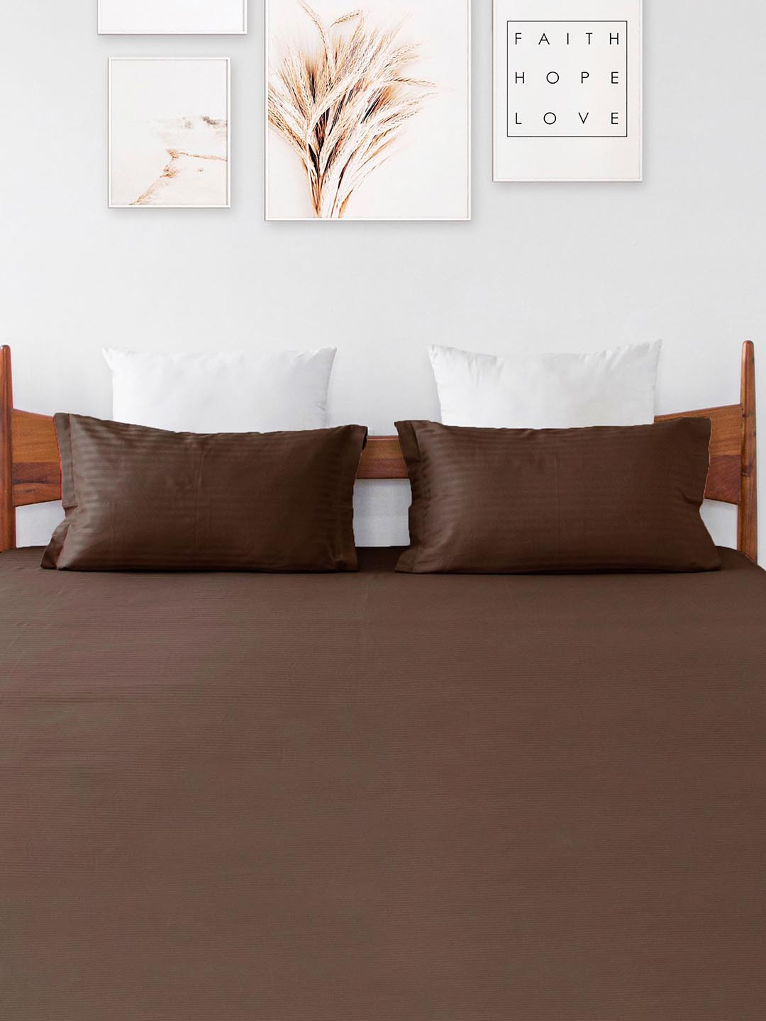 HOMEMONDE Premium Brown 2-Pieces Striped Cotton Satin 300 TC Pillow Covers