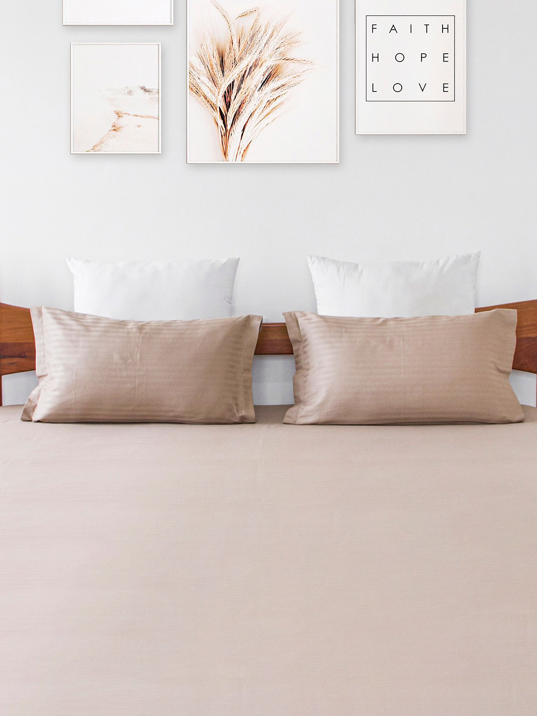 HOMEMONDE Premium Taupe 2-Pieces Striped Cotton Satin 300 TC Pillow Covers