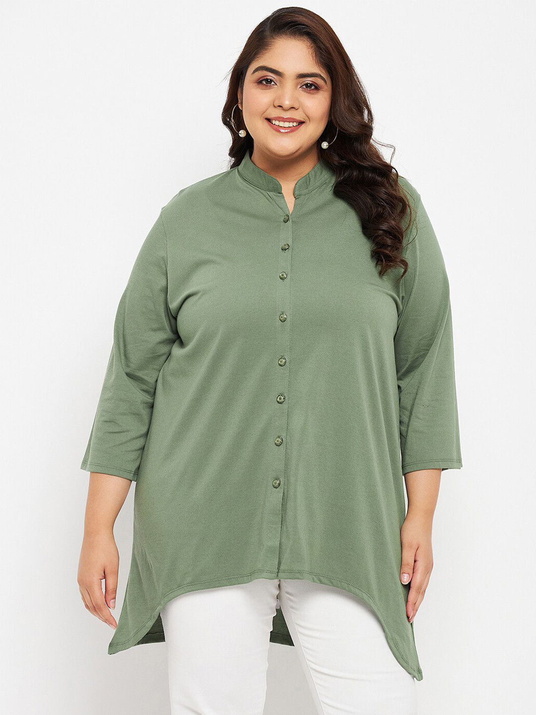 Adobe Plus Size Mandarin Collar High-Low Longline Top