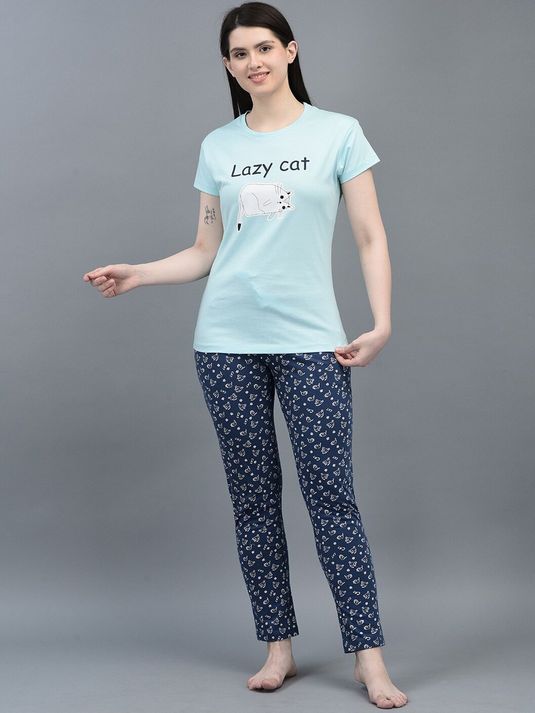 Dollar Missy Women Combed Cotton Super Soft Printed U Neck T Shirt and Pyjama Night Suit