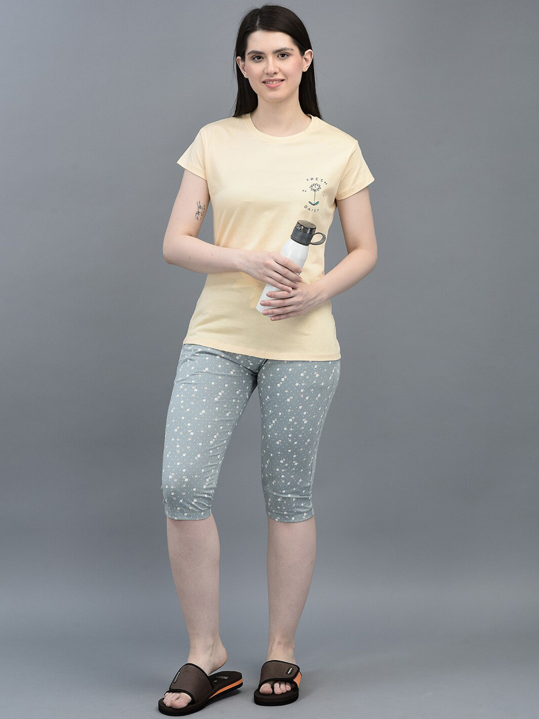 Dollar Missy Women Combed Cotton Super Soft Printed U Neck T Shirt and Capri Night Suit