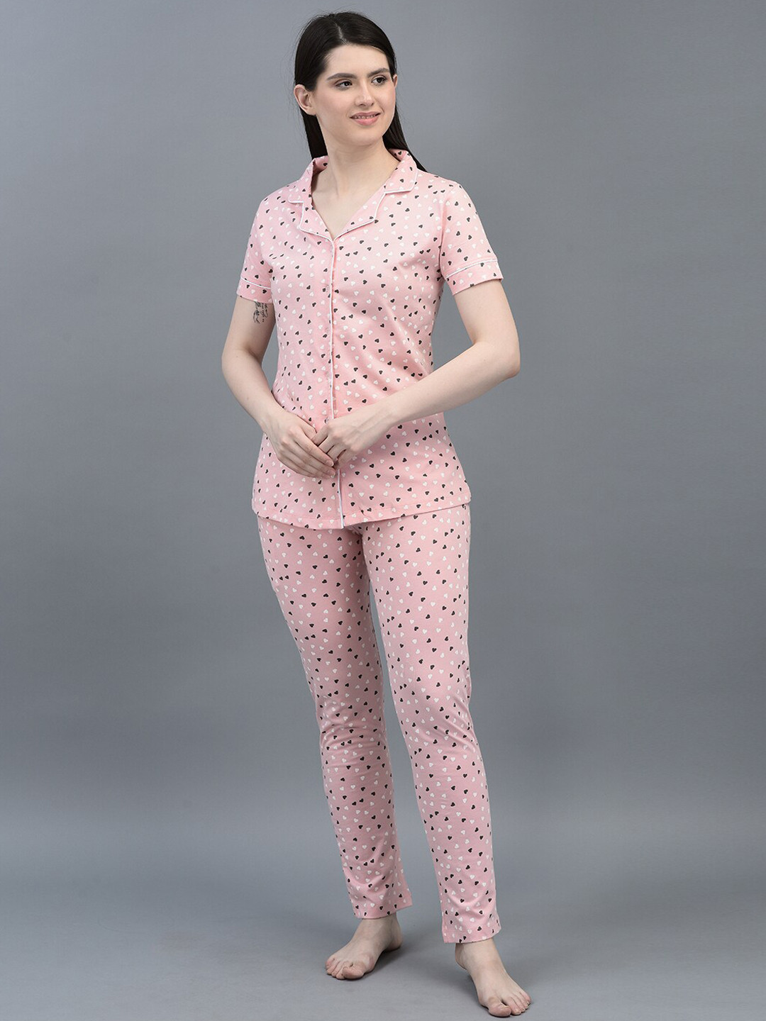 Dollar Missy Women Combed Cotton Super Soft Printed Collar Shirt and Pyjama Night Suit