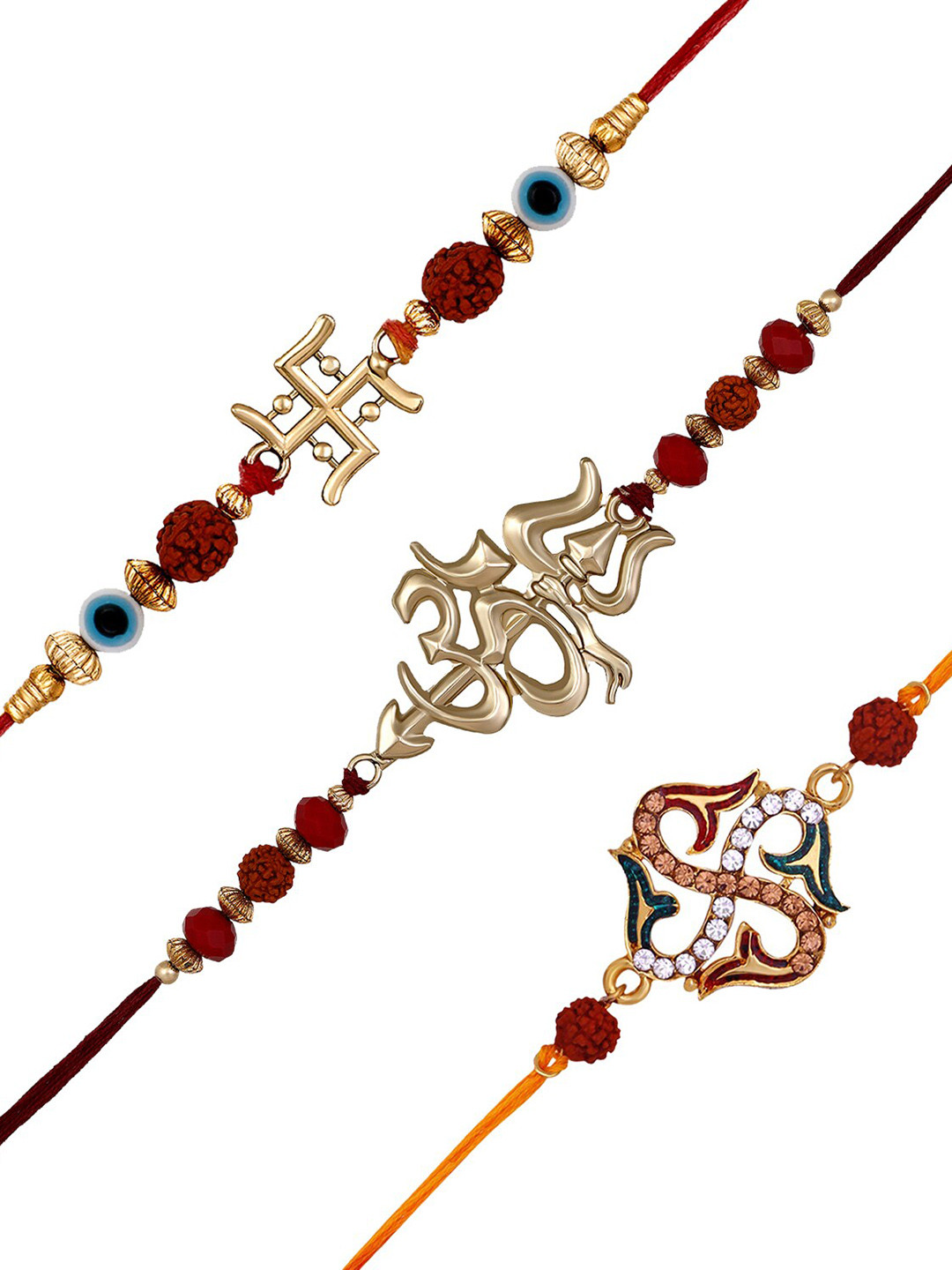 Mahi Men Set Of 3 Stone-Studded OM Swastik & Trishul Wraparound Rakhis