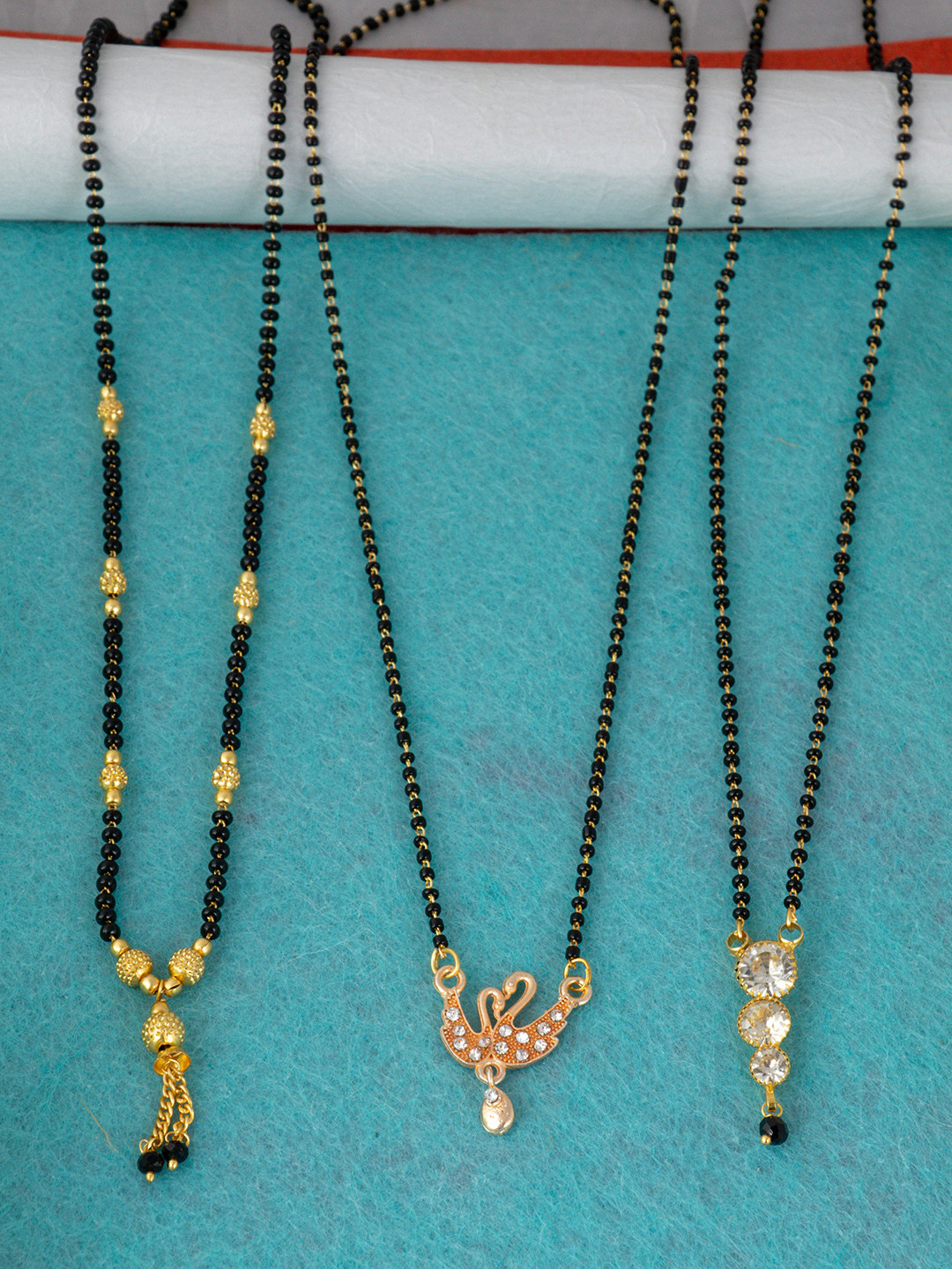 Ramdev Art Fashion Jwellery Set Of 3 Gold-Plated White Stone-Studded & Beaded Mangalsutras