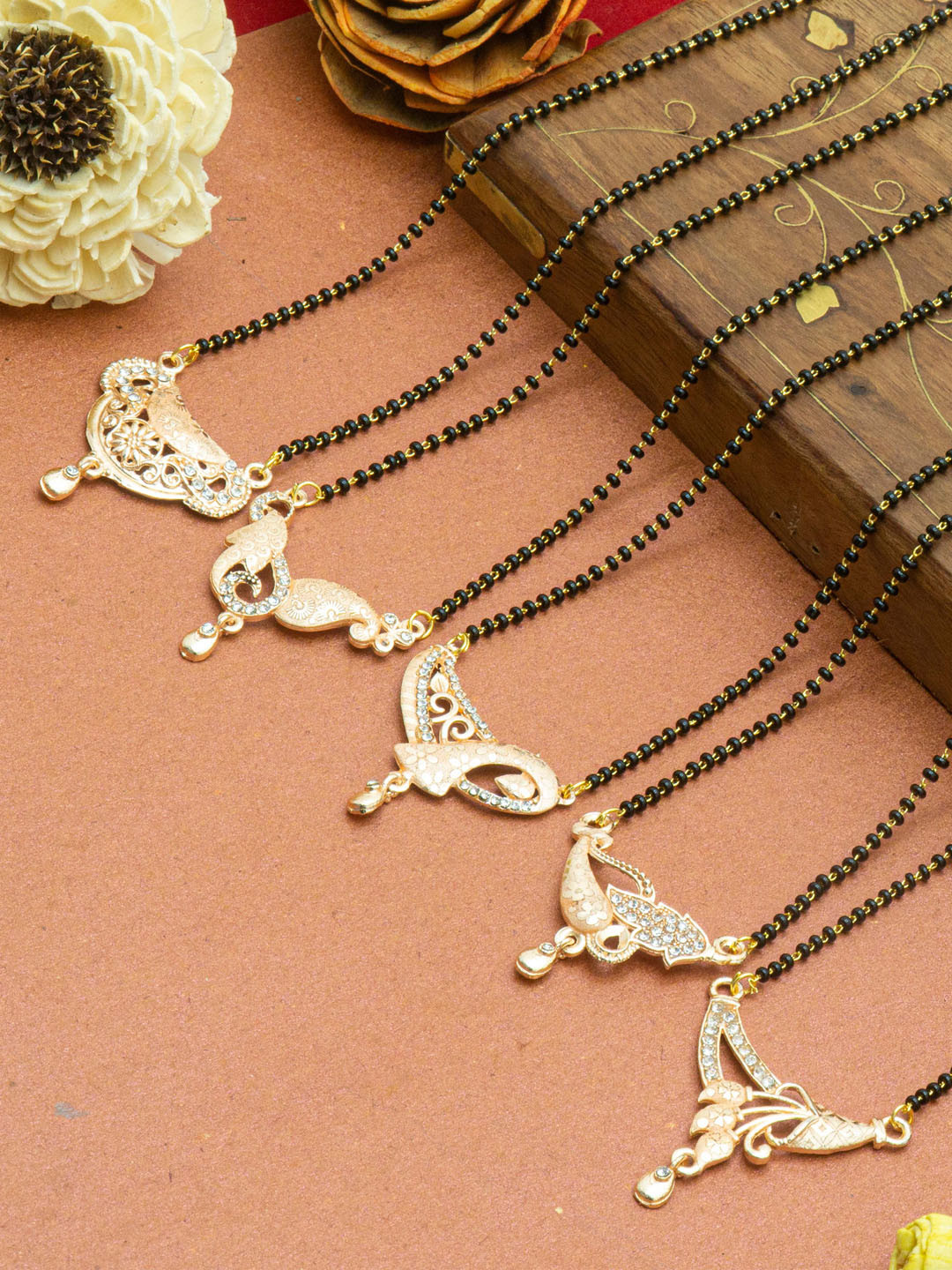 Ramdev Art Fashion Jwellery Set Of 5 Gold-Plated Stone-Studded & Beaded Mangalsutra