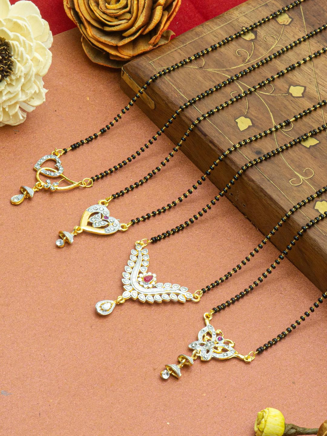 Ramdev Art Fashion Jwellery Set Of 4 Gold-Plated Stone-Studded & Beaded Mangalsutras