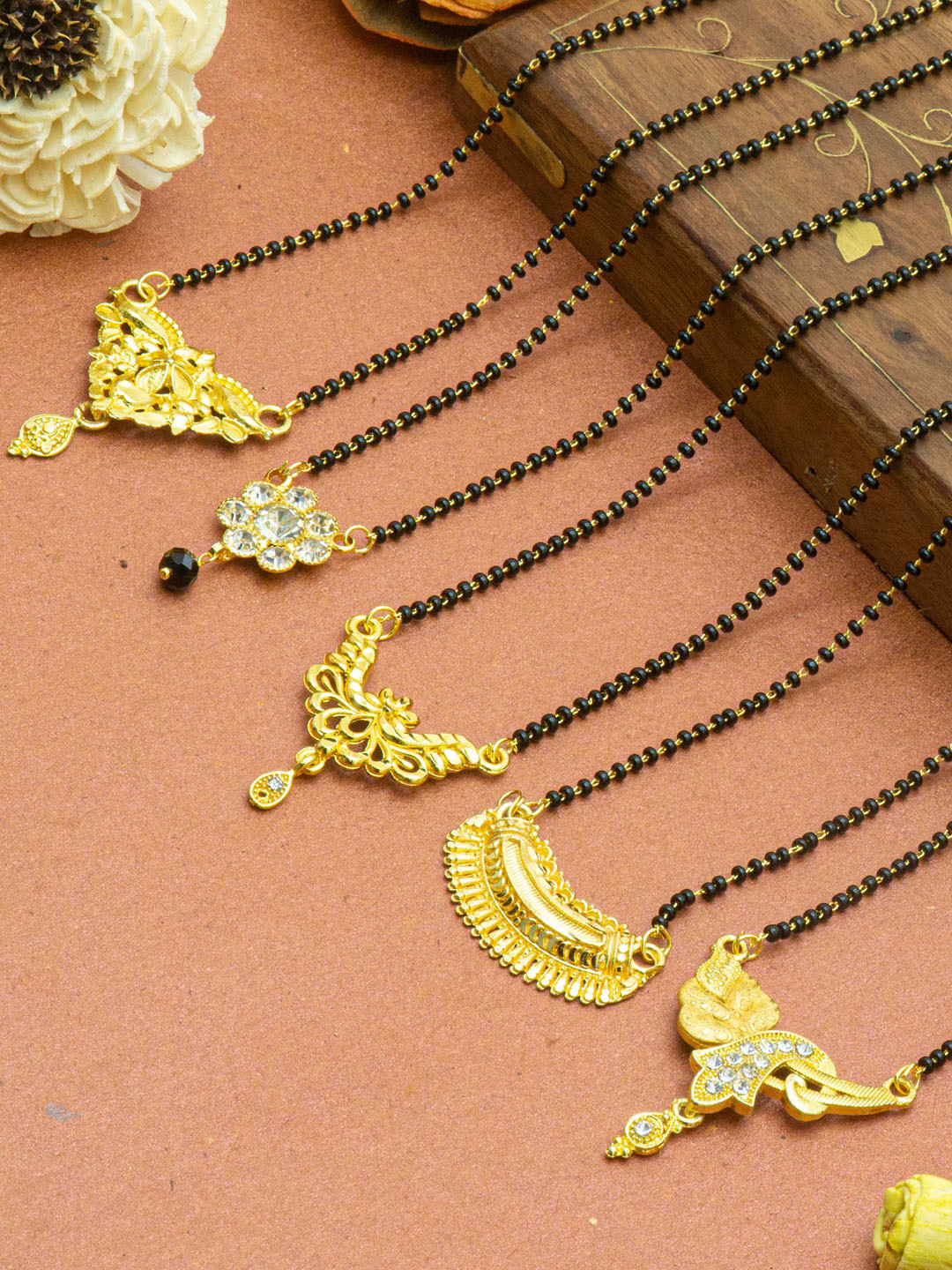 Ramdev Art Fashion Jwellery Set Of 5 Gold-Plated Stone-Studded & Beaded Mangalsutras