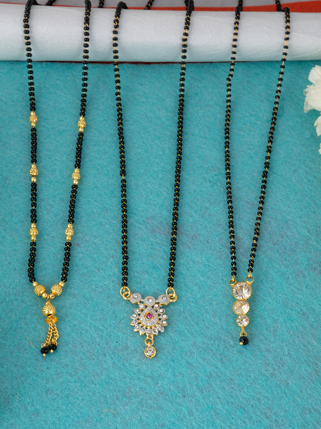 Ramdev Art Fashion Jewellery Pack of 3 Gold-Plated White Stone-Studded Beaded Mangalsutras
