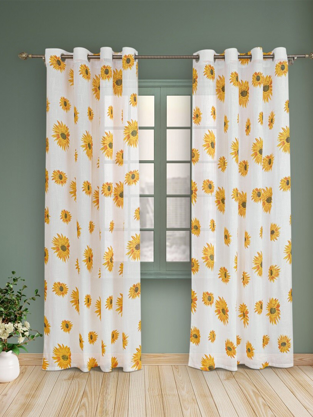 HOMEMONDE White & Yellow 2 Pieces Floral Sheer Cotton Door Curtains