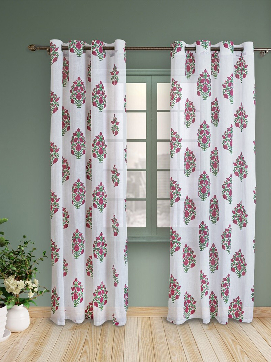 HOMEMONDE White & Pink 2 Pieces Floral Sheer Cotton Long Door Curtains