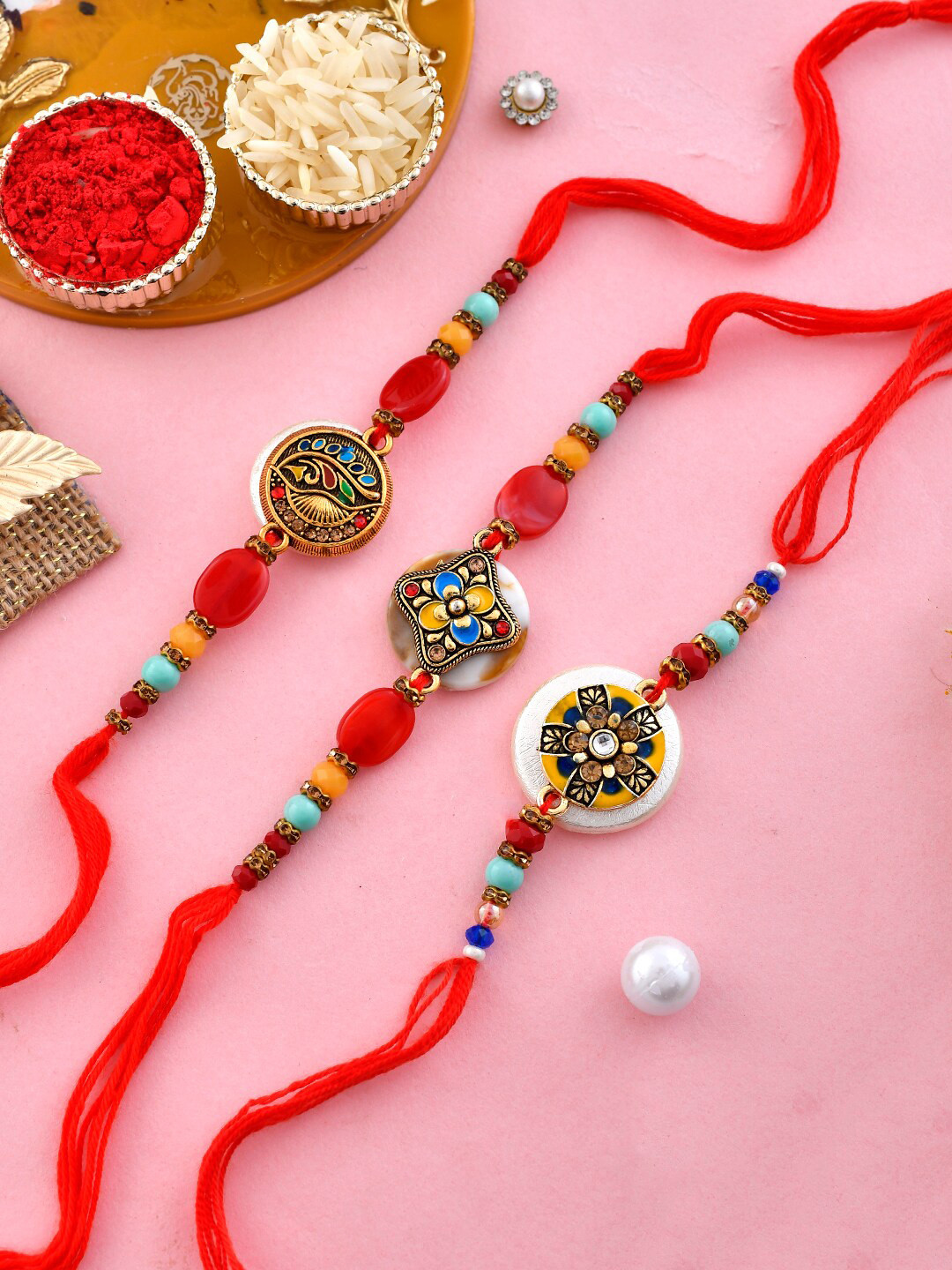 Aapno Rajasthan Unisex Set Of 3 Elegant Cotton Thread Charm Tie-Up Rakhis