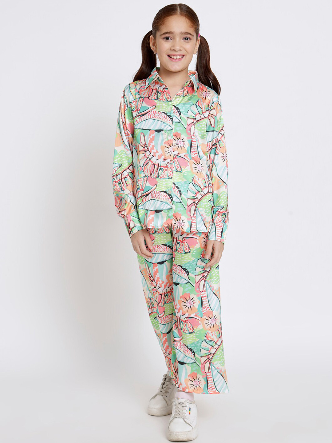 Readiprint Girls Tropical Printed Shirt Collar Puff Sleeves Shirt with Trousers