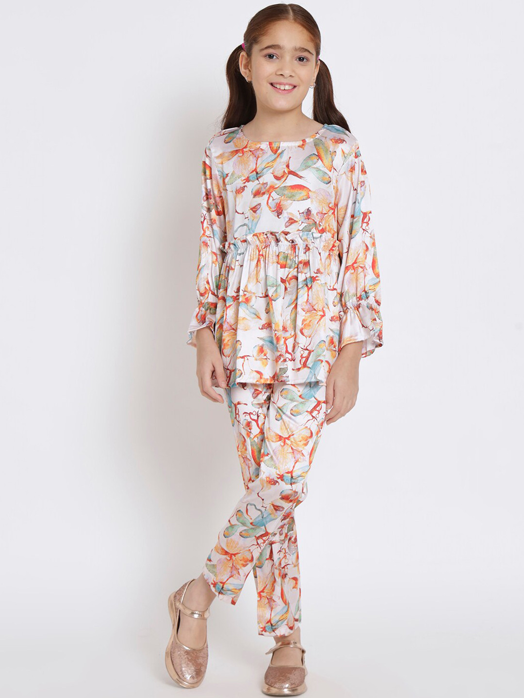 Readiprint Girls Floral Printed Puff Sleeves Fit-Flare Top with Trousers