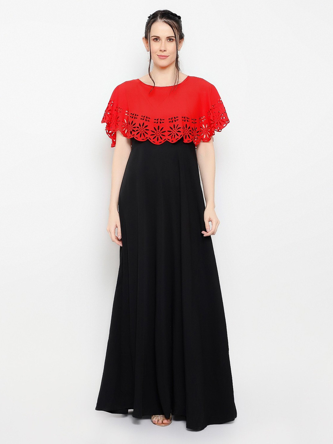 OCEANISTA Colourblocked Cape Sleeve Cut-Outs Detail Crepe Maxi Dress