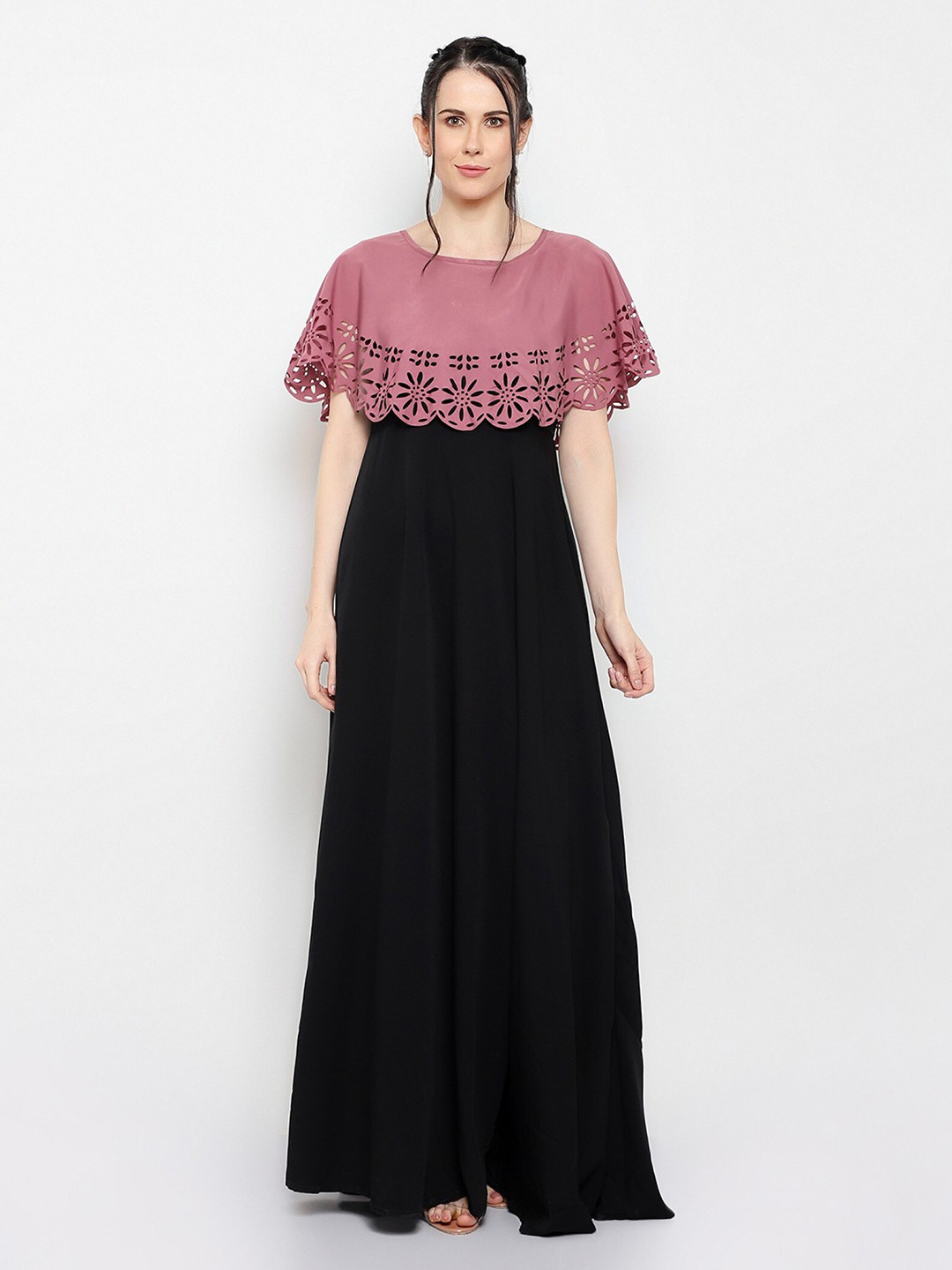 OCEANISTA Colourblocked Cape Sleeve Cut-Outs Detail Crepe Maxi Dress