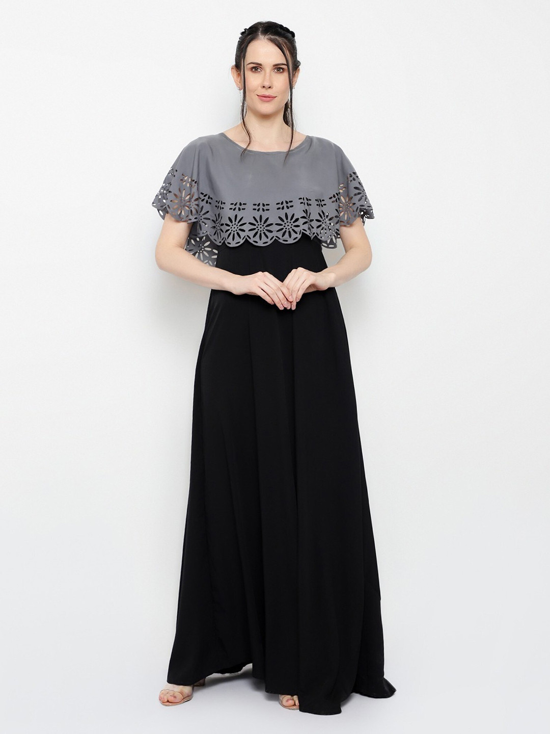 OCEANISTA Colourblocked Cape Sleeve Cut-Outs Detail Crepe Maxi Dress