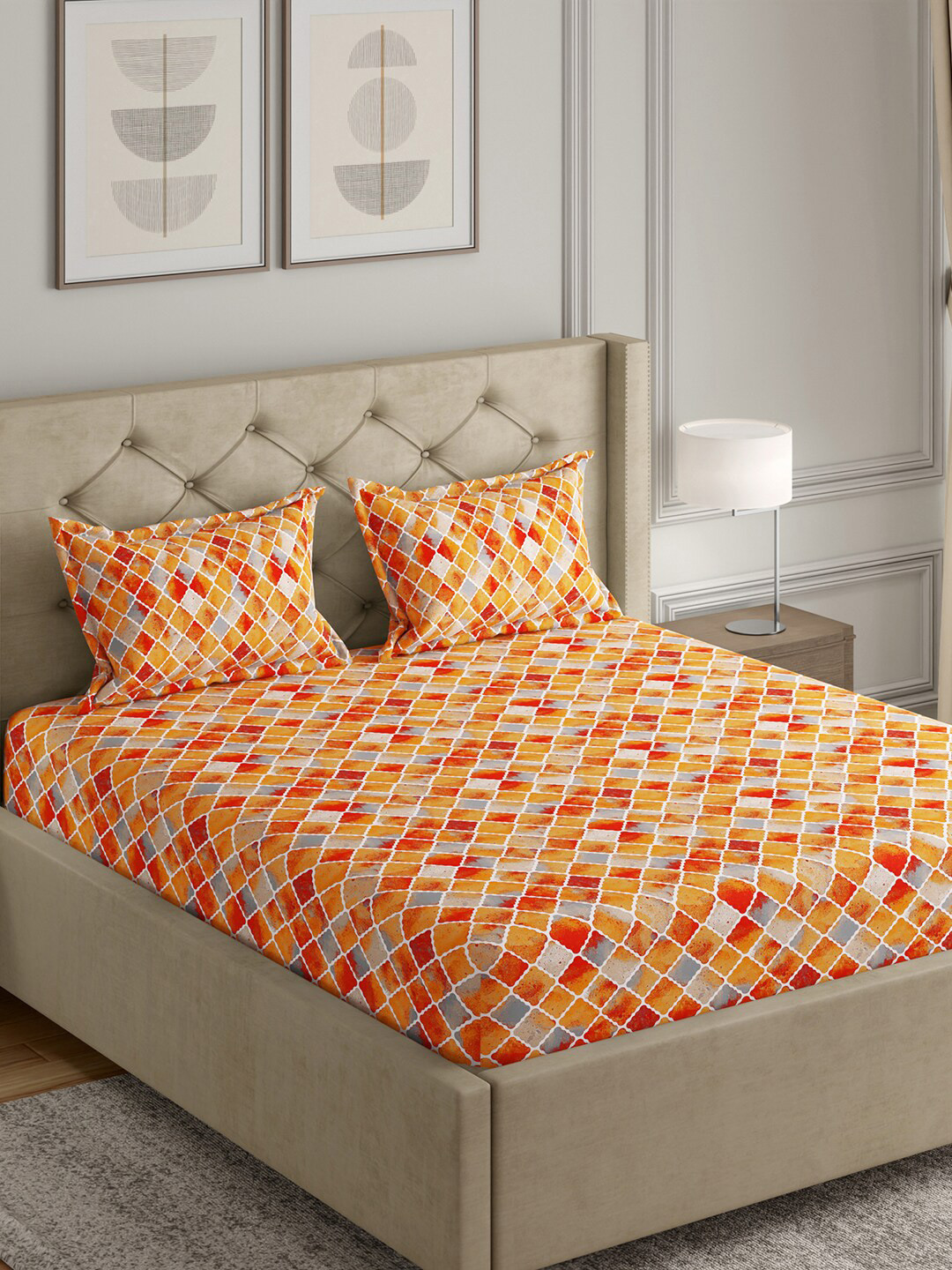GM Gm Collection Orange Geometric Cotton 140 TC Queen Bedsheet with 2 Pillow Covers-90 x 100 inches