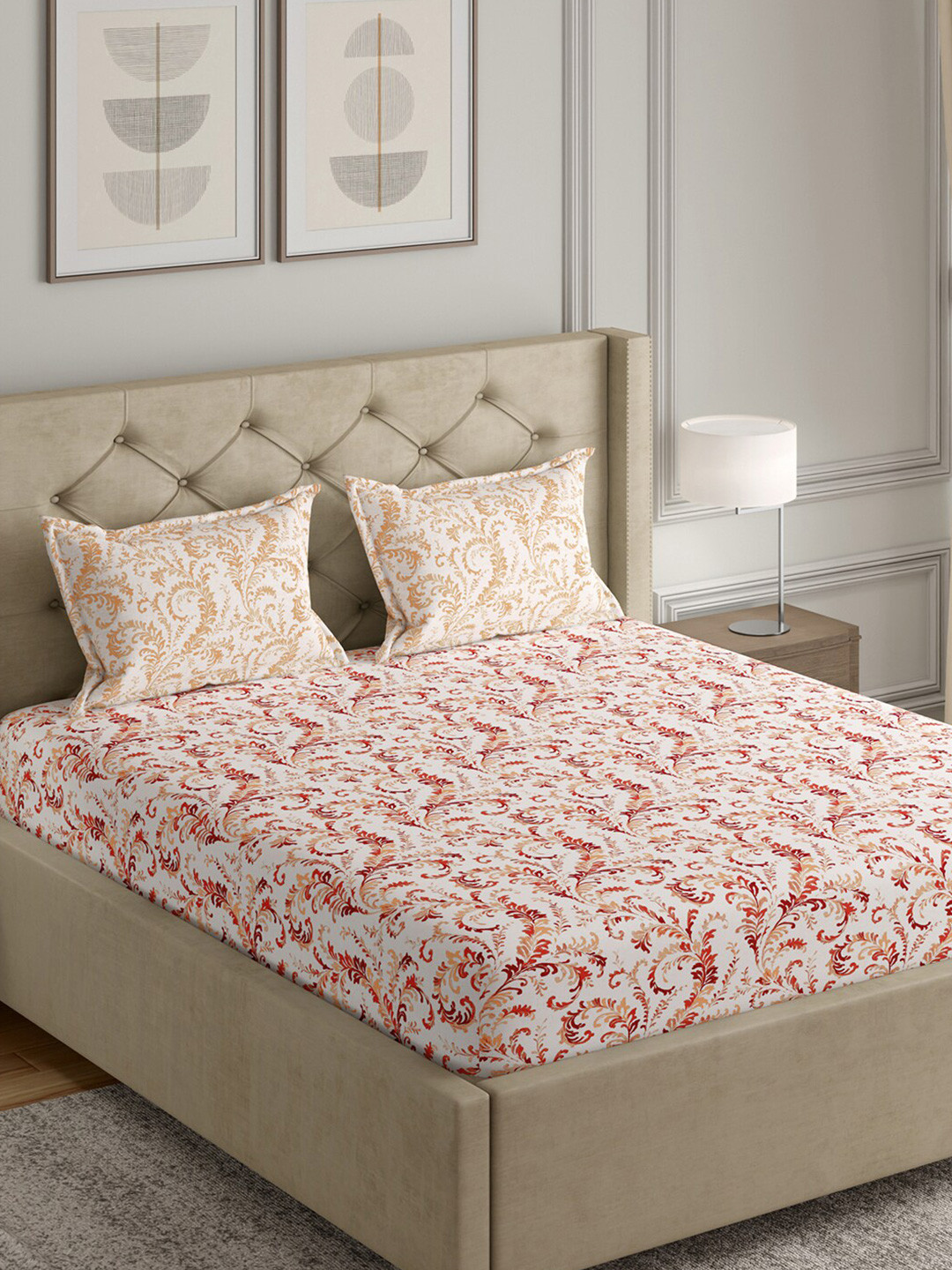 GM Gm Collection White Leaf Cotton 140 TC Queen Bedsheet with 2 Pillow Covers-90 x 100 inches