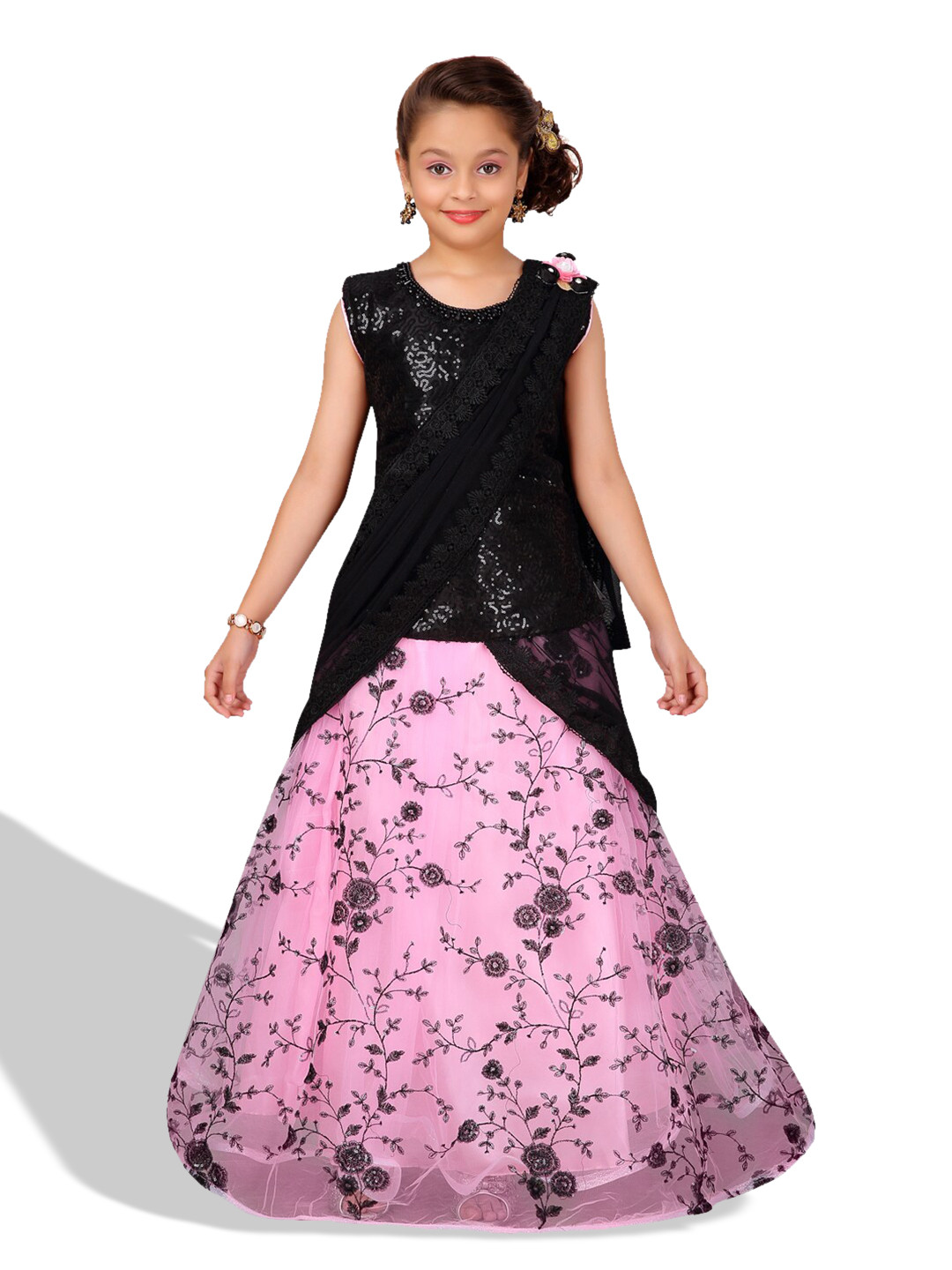 BAESD Girls Embellished Sequinned Net Ready to Wear Lehenga & Blouse With Dupatta