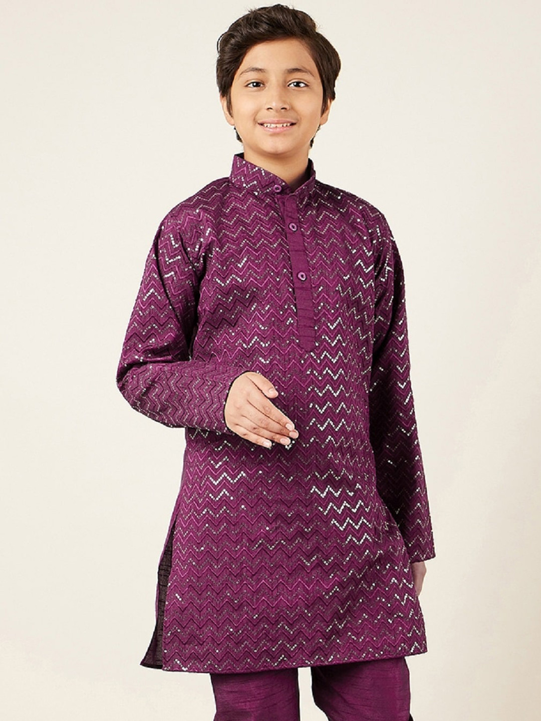 Aj DEZInES Boys Purple Embroidered Chevron Mandarin Collar Sequined Silk Kurta