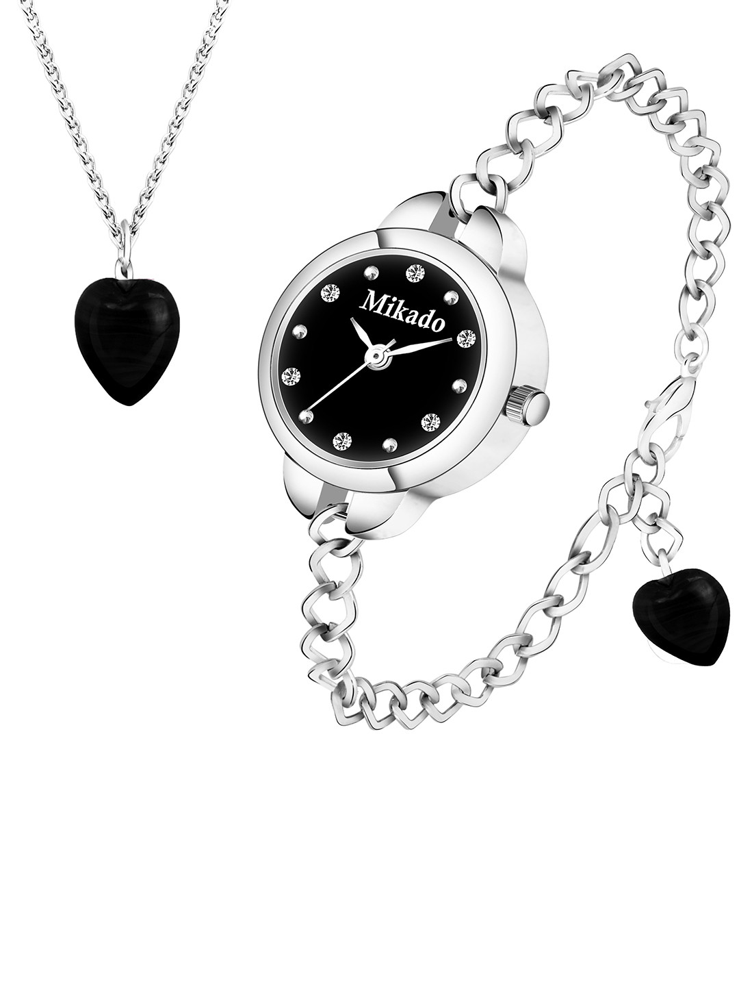 Mikado Women Black Brass Embellished Dial & Silver Toned Stainless Steel Straps Analogue Watch Black Sky