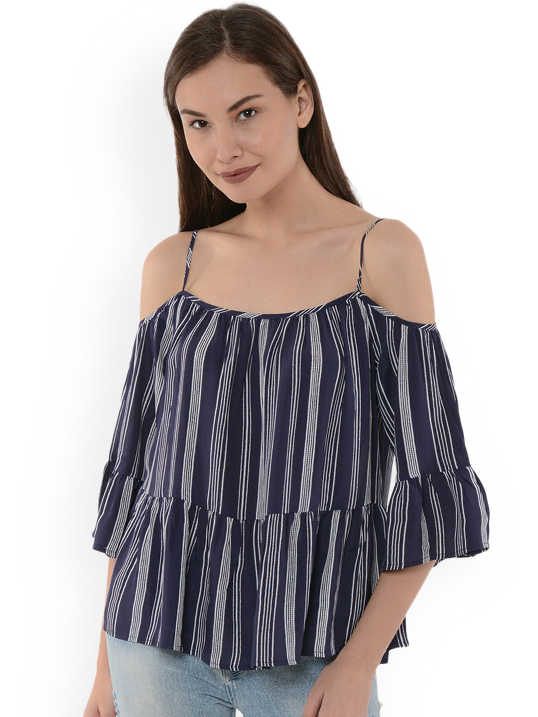 Gipsy Women Navy Blue Striped Bardot Top
