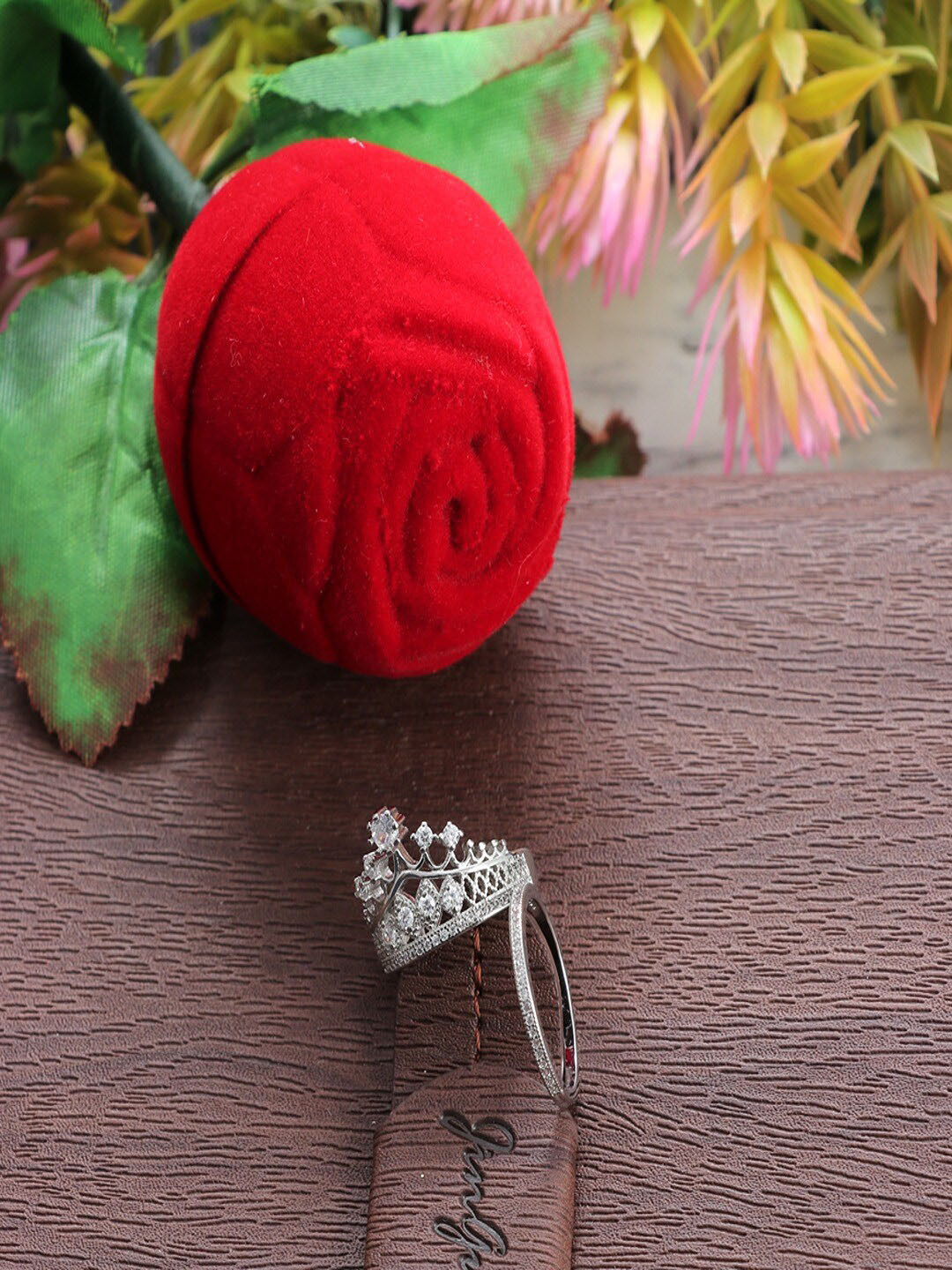 UNIVERSITY TRENDZ Silver-Plated Stone Studded Crown Charm Ring With Artificial Velvet Rose