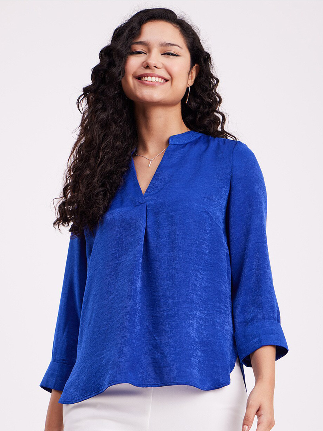 FableStreet Mandarin Collar Satin Top