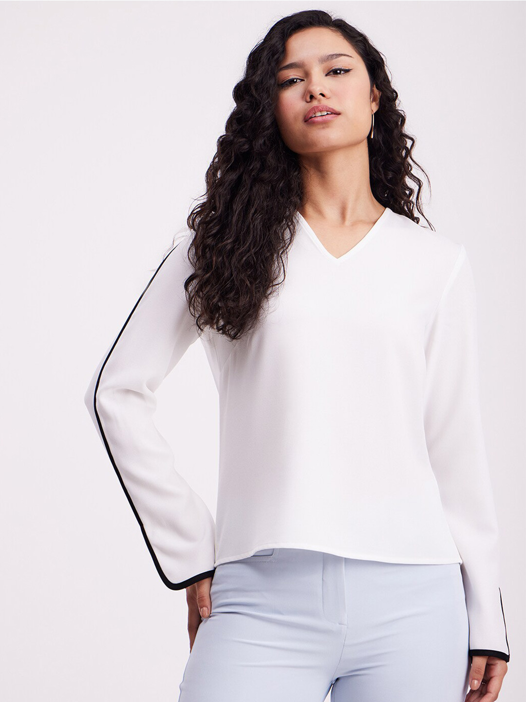 FableStreet V-Neck Long Sleeves White Top