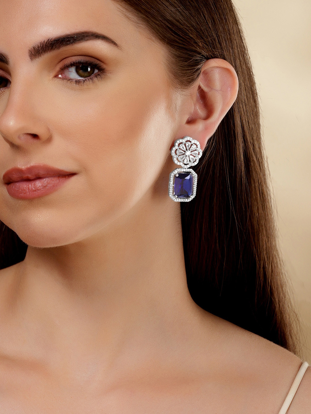 Rhodium Plated Blue Sapphire & Cubic Zirconia Studded Drop Earrings