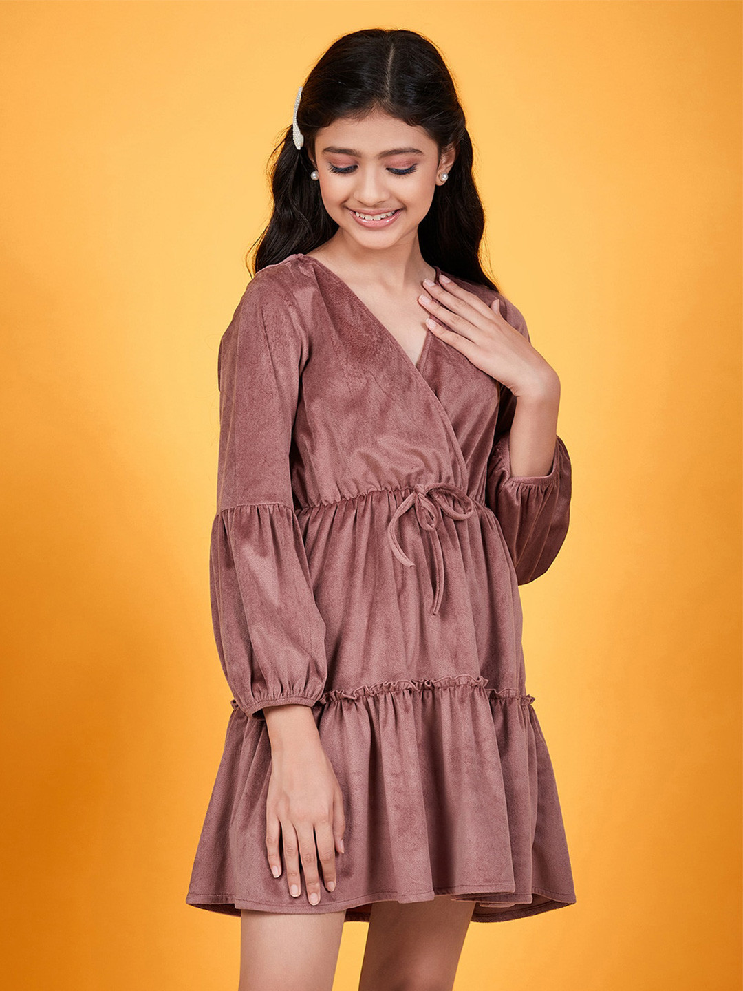 pspeaches Girls V-Neck Tie Up Gathered & Ruffled Velvet Fit & Flare Dress