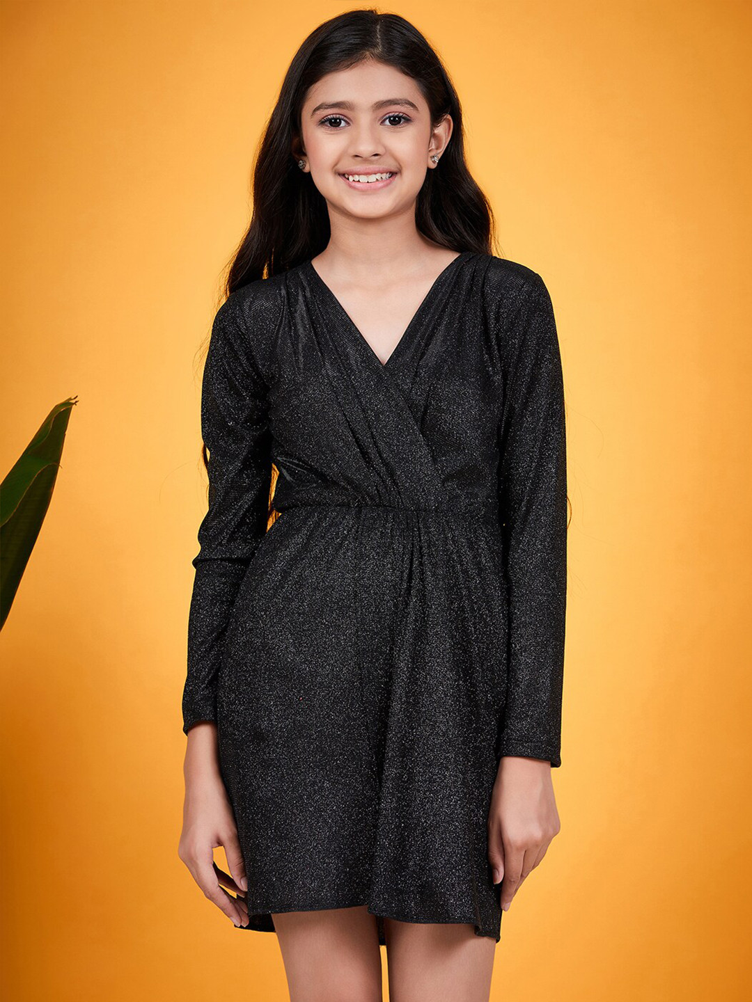 pspeaches Girls Self Design V-Neck Sheen Bling & Sparkly Wrap Dress