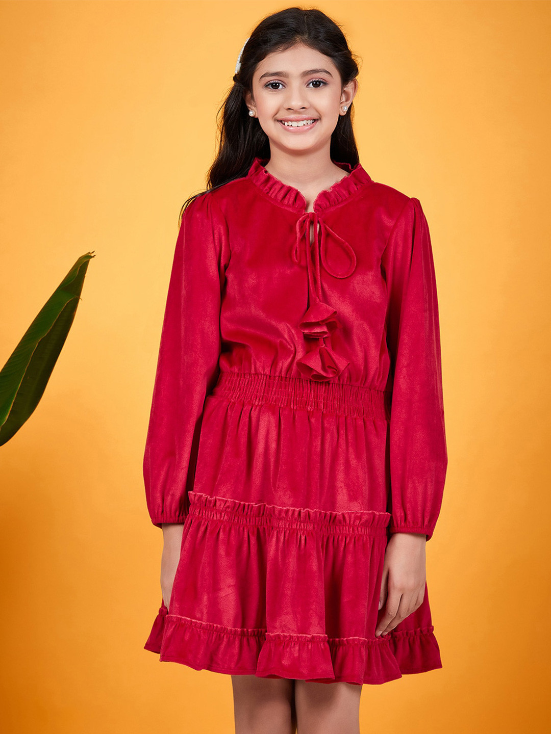 pspeaches Girls Tie-Up Neck Puff Sleeves Gathered Velvet Fit & Flare Dress