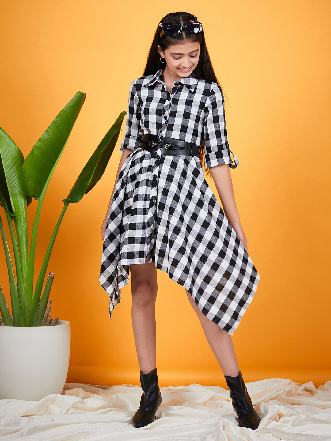 pspeaches Girls Checked Shirt Collar Belted Monochrome Cotton Shirt Dress