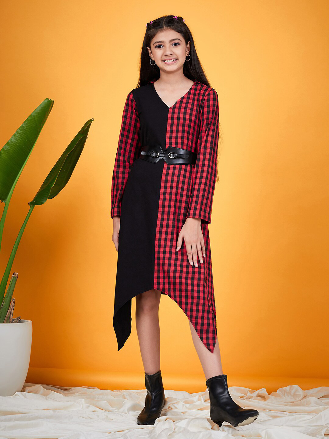 pspeaches Girls Checked V-neck Cotton A-Line Dress