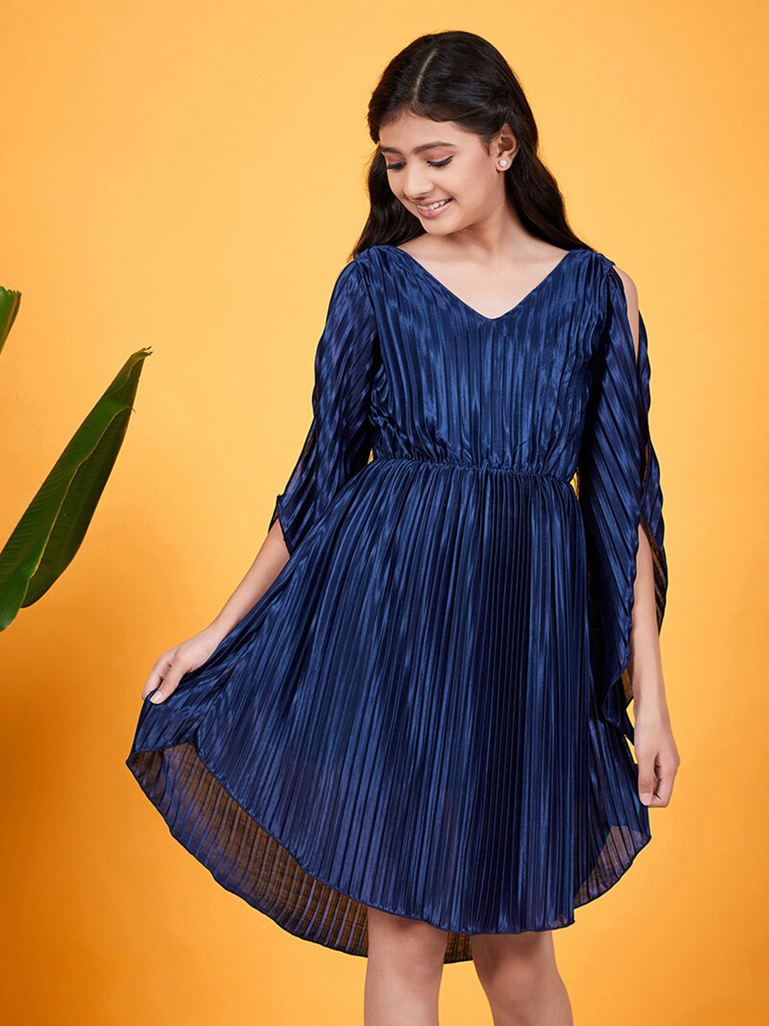 pspeaches Girls Self Design Slit Sleeves Accordion Pleated Satin Fit & Flare Dress