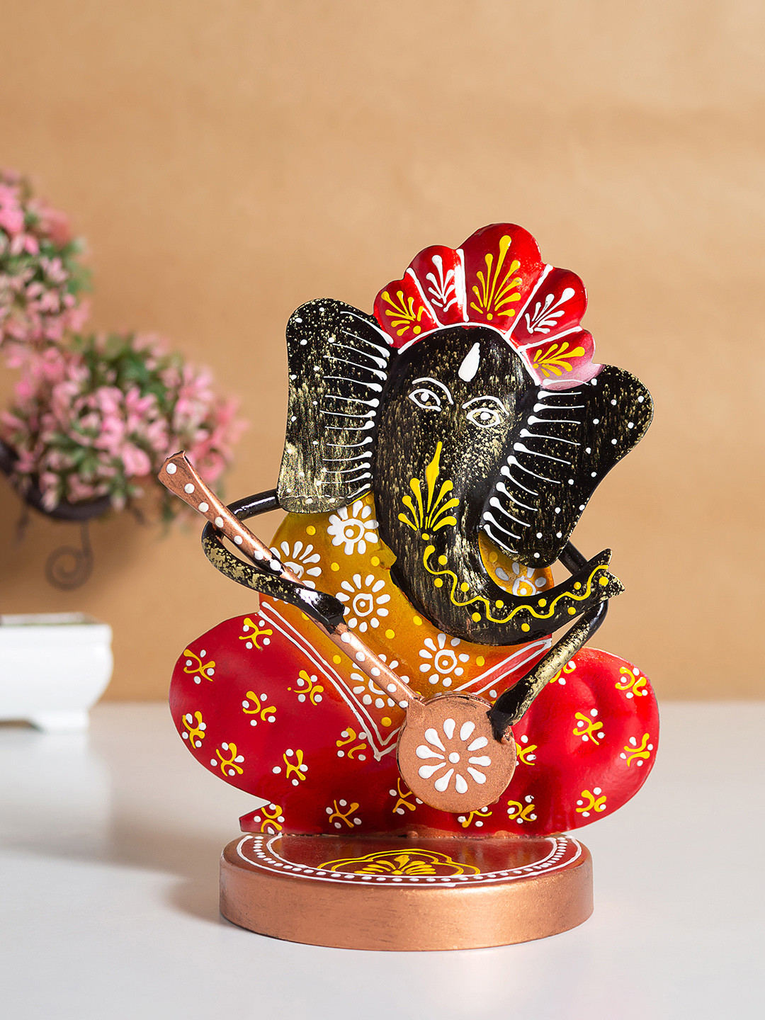 Golden Peacock Red & Yellow Ganesha Idol Showpiece