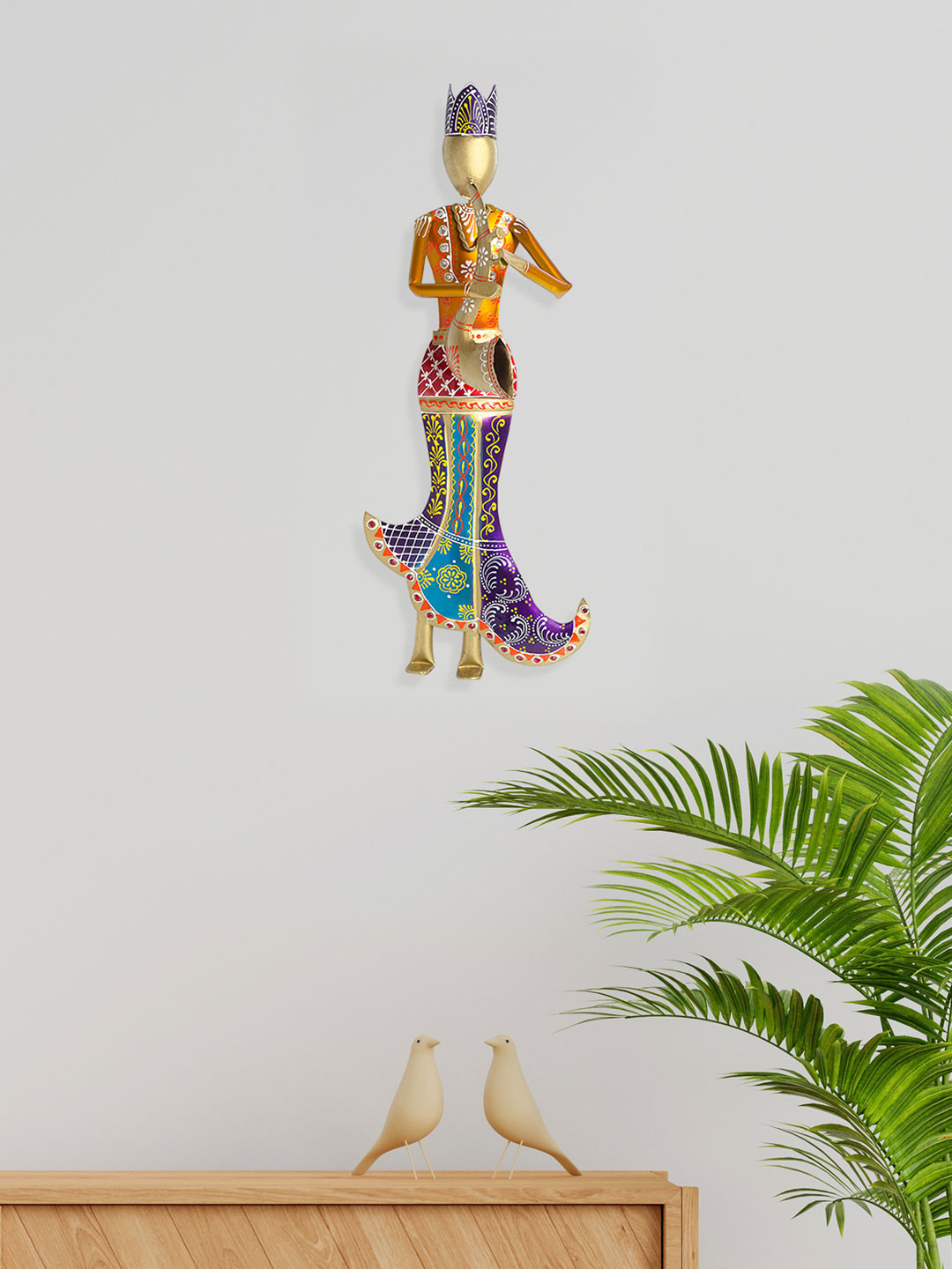 Golden Peacock Musician Metal Ethnic Motifs Glossy Hanging Hall Wall Hangings-16.5In