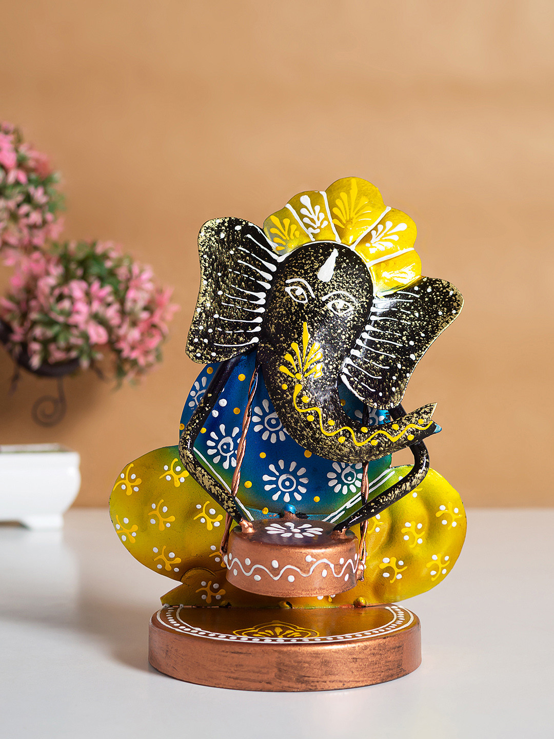Golden Peacock Ganesh Yellow Metal Metallic Prayer Room Hand-Crafted Medium Showpiece - 3.5 Inches