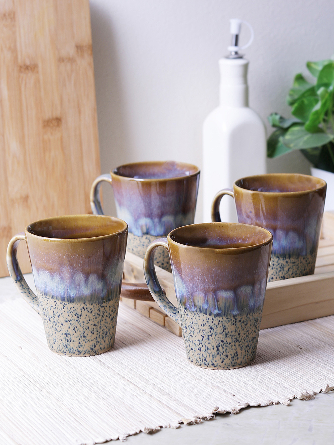 MIAH Decor Wavy Textured Brown Abstract Ceramic Microwave Safe 4 Piece Mugs-300ml