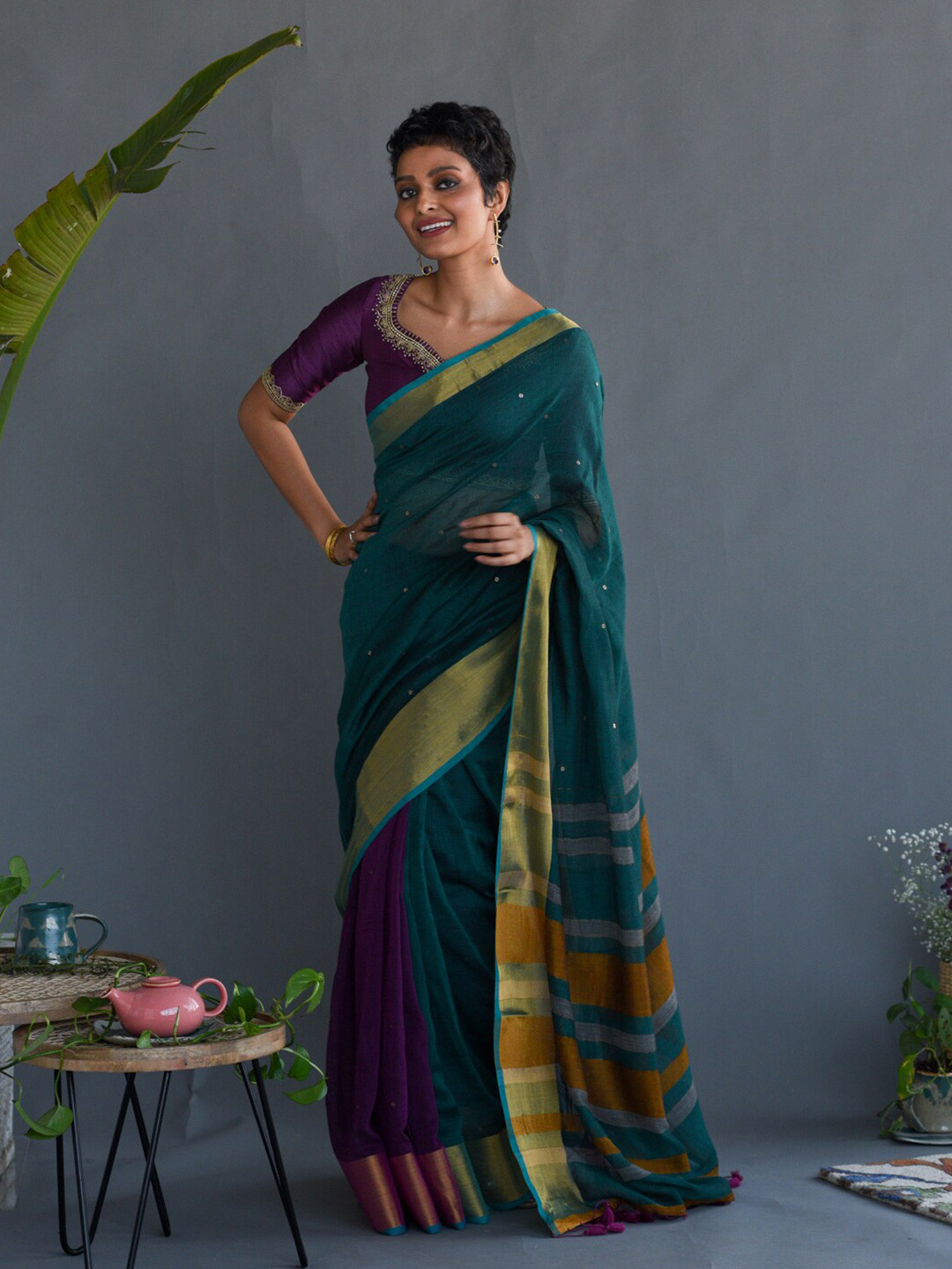 Suta Teal & Violet Sequined Pure Cotton Saree