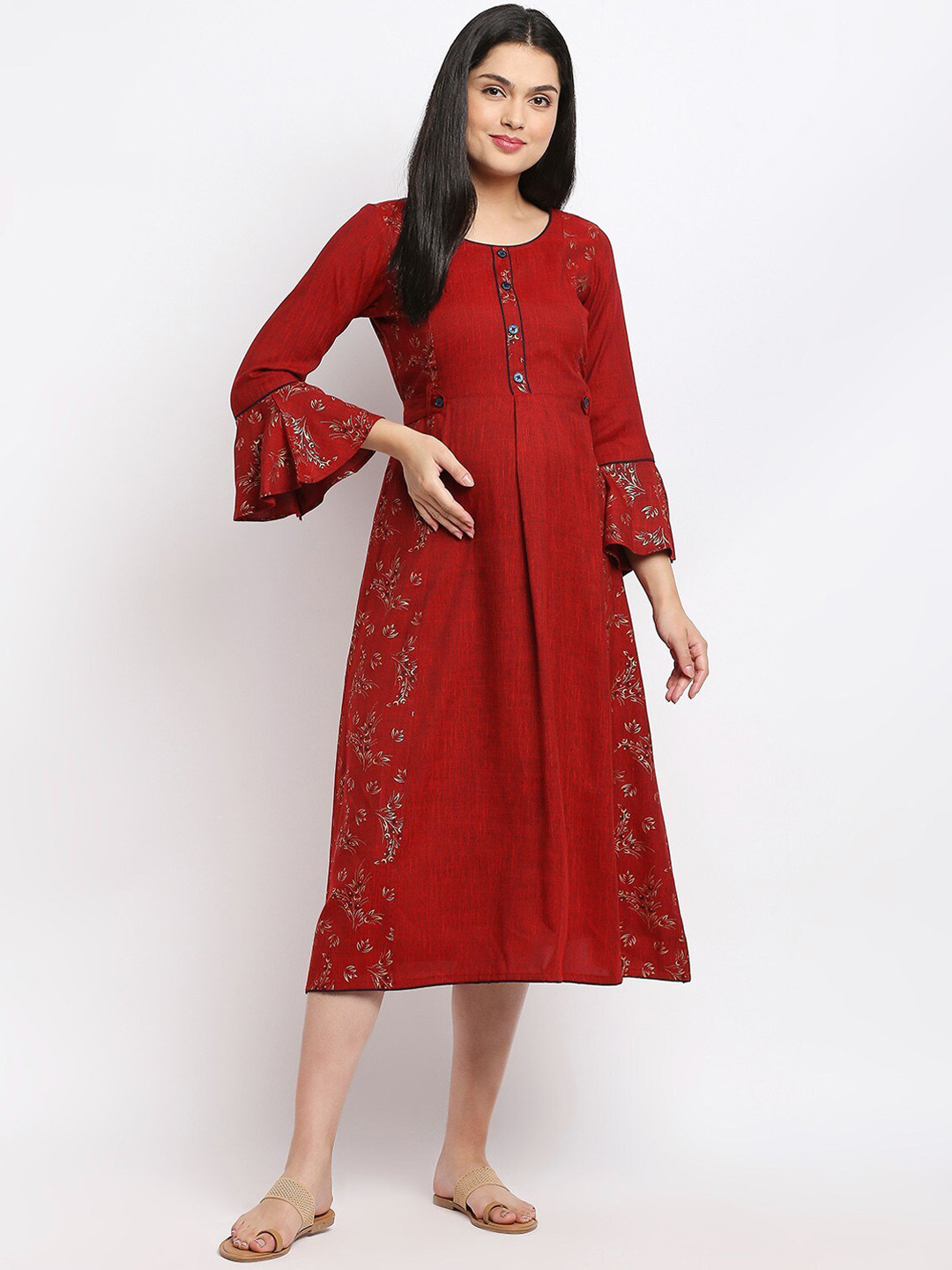 True Shape Floral Printed Bell Sleeve Maternity Ethnic Dress