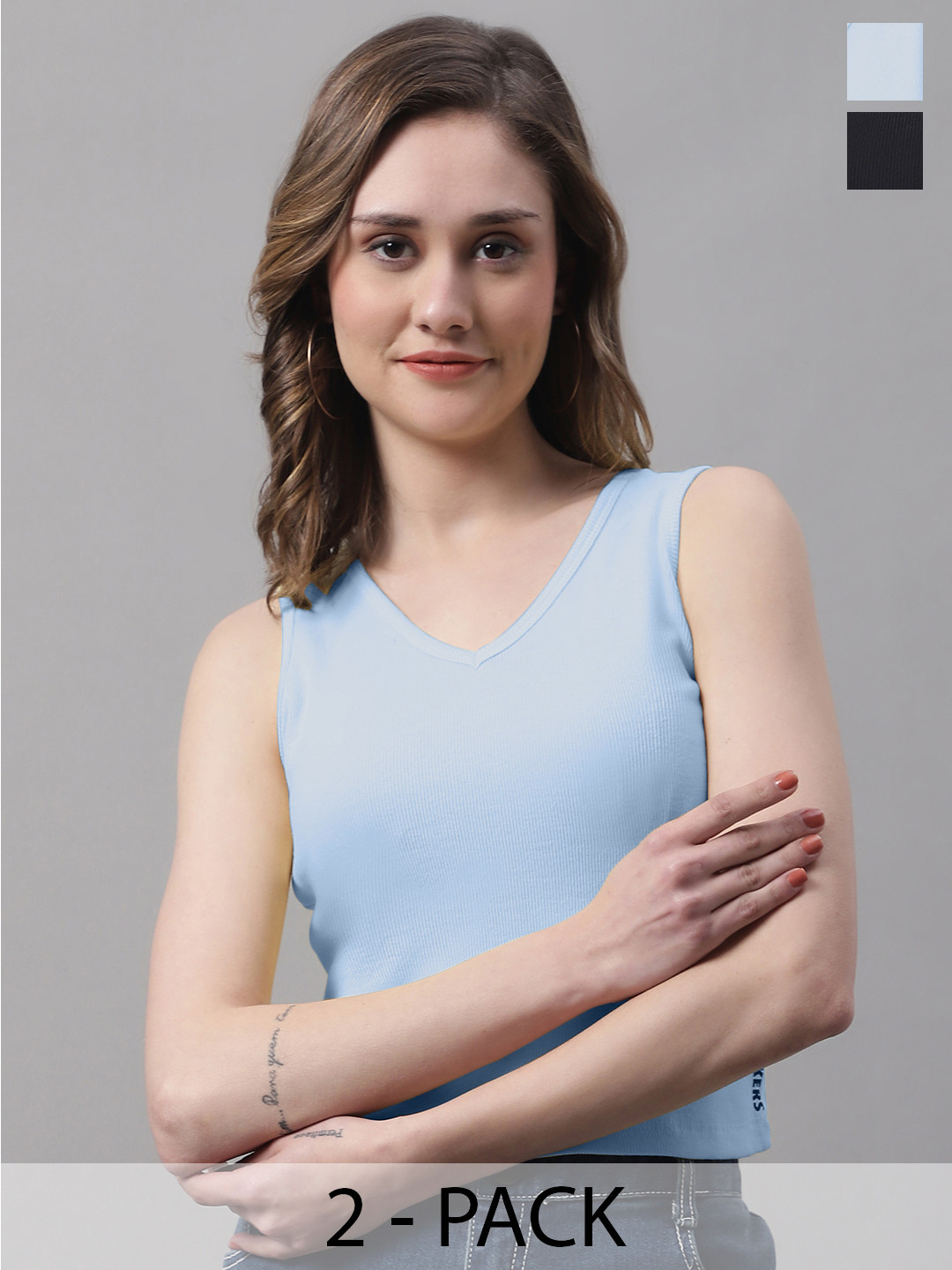 FBAR Pack Of 2 Ribbed V-Neck Sleeveless Fitted Cotton Top