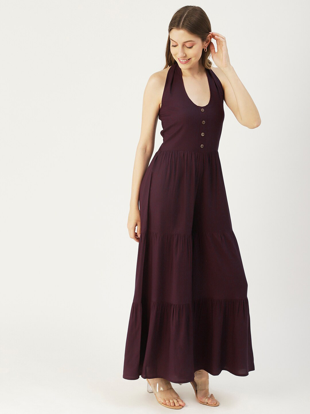 Moomaya Halter Neck Basic Jumpsuit With Tired & Smocked