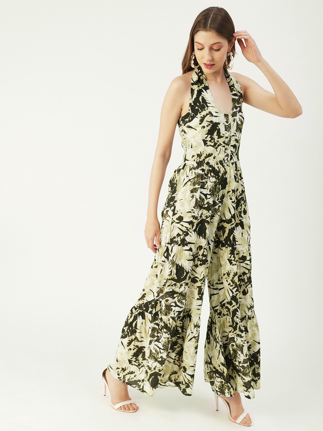 Moomaya Halter Neck Printed Basic Jumpsuit With Tired & smocked Details