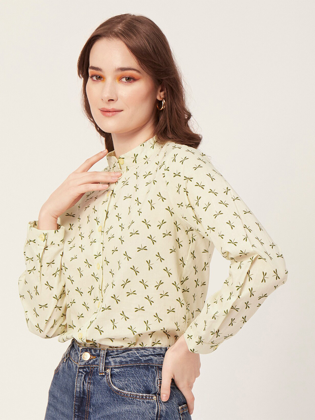 Moomaya Classic Conversational Printed Band Collar Cotton Casual Shirt