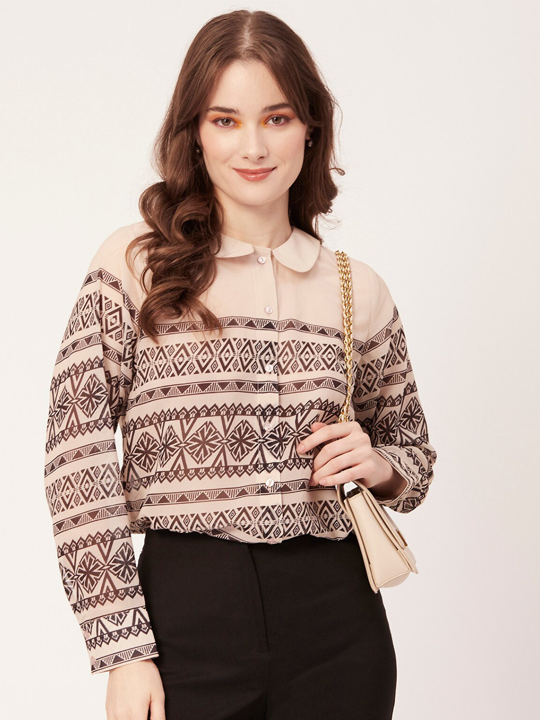 Moomaya Peter Pan Collar Classic Fit Ethnic Motifs Printed Sheer Shirt