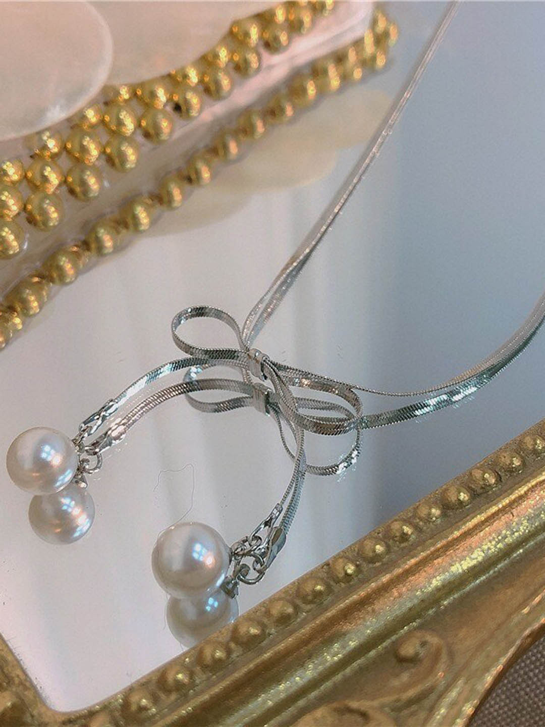 MYKI Silver-Plated Silver Bow With Beaded Necklace